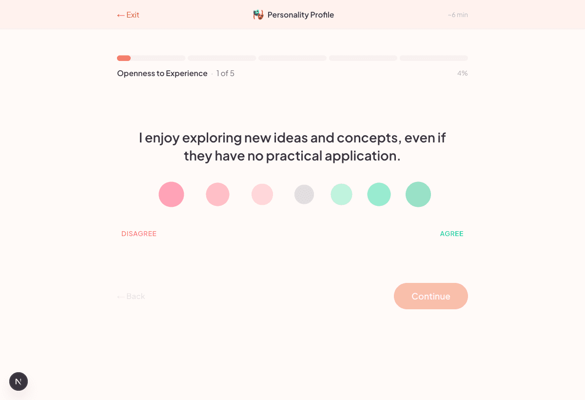 A Big Five Openness checkpoint with a seven-point Likert scale and the question, 'I enjoy exploring new ideas and concepts, even if they have no practical application.'